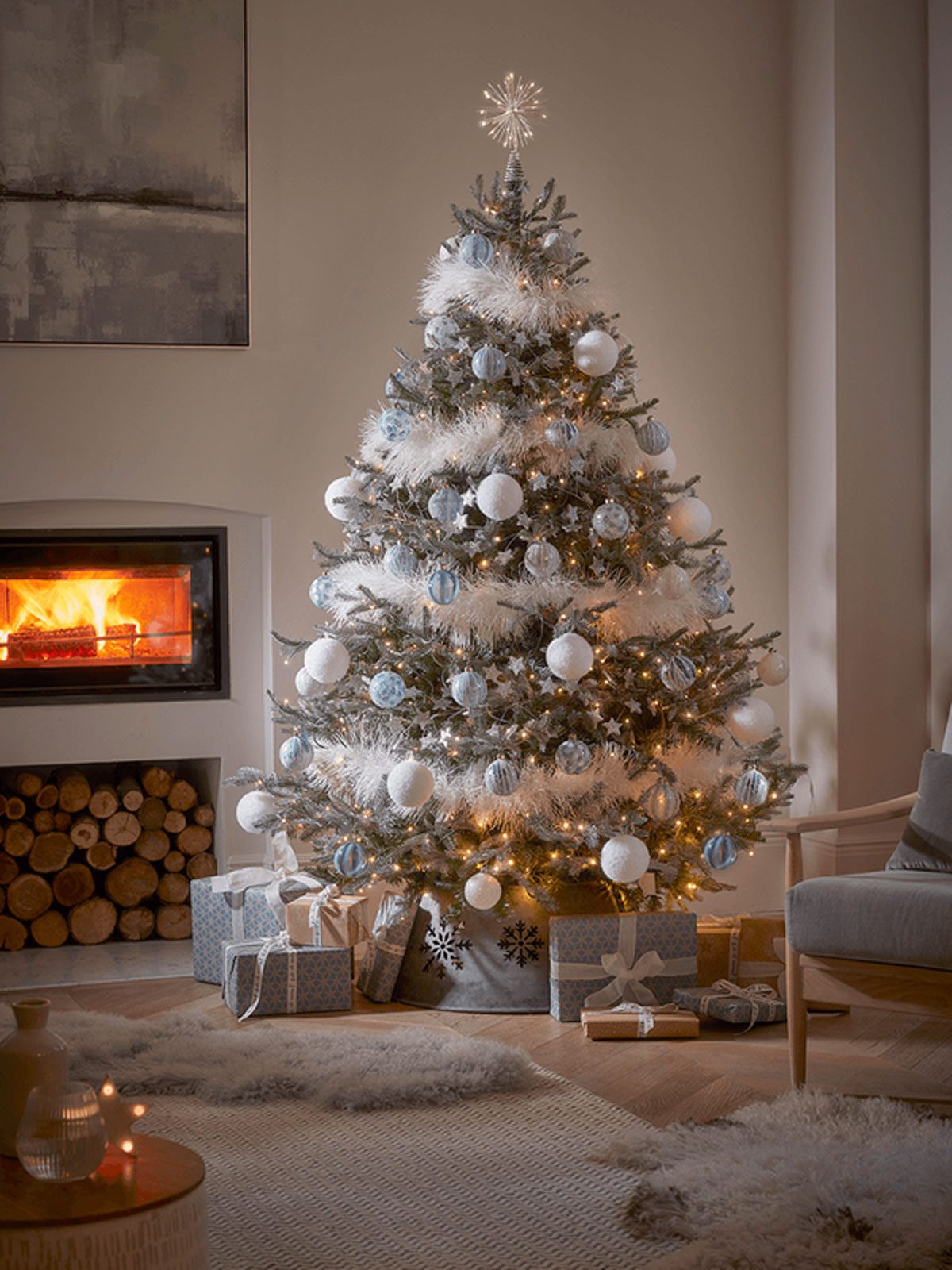 Elegant Frosted Christmas Tree with Silver and Blue Baubles — Winter Wonderland Christmas Decor