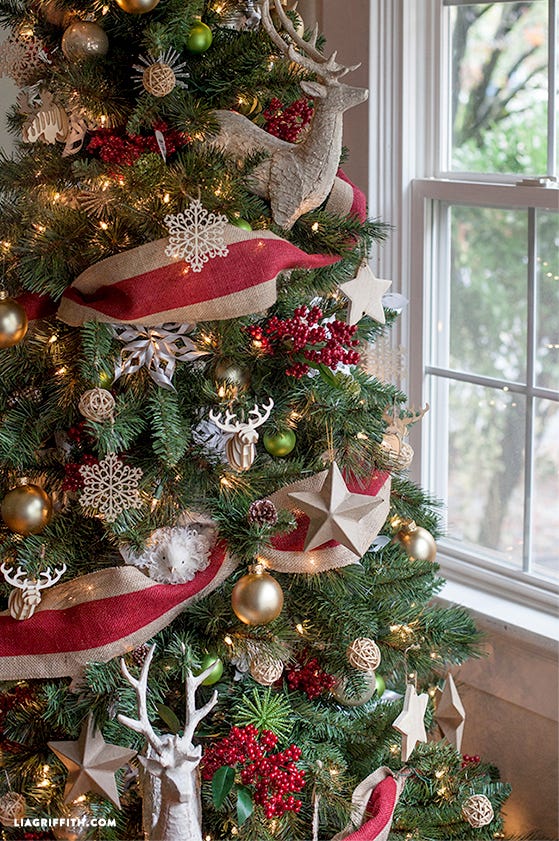 Rustic Burlap Ribbon with Woodland Accents Rustic Burlap Ribbon with Woodland Accents — Christmas Tree Ribbon