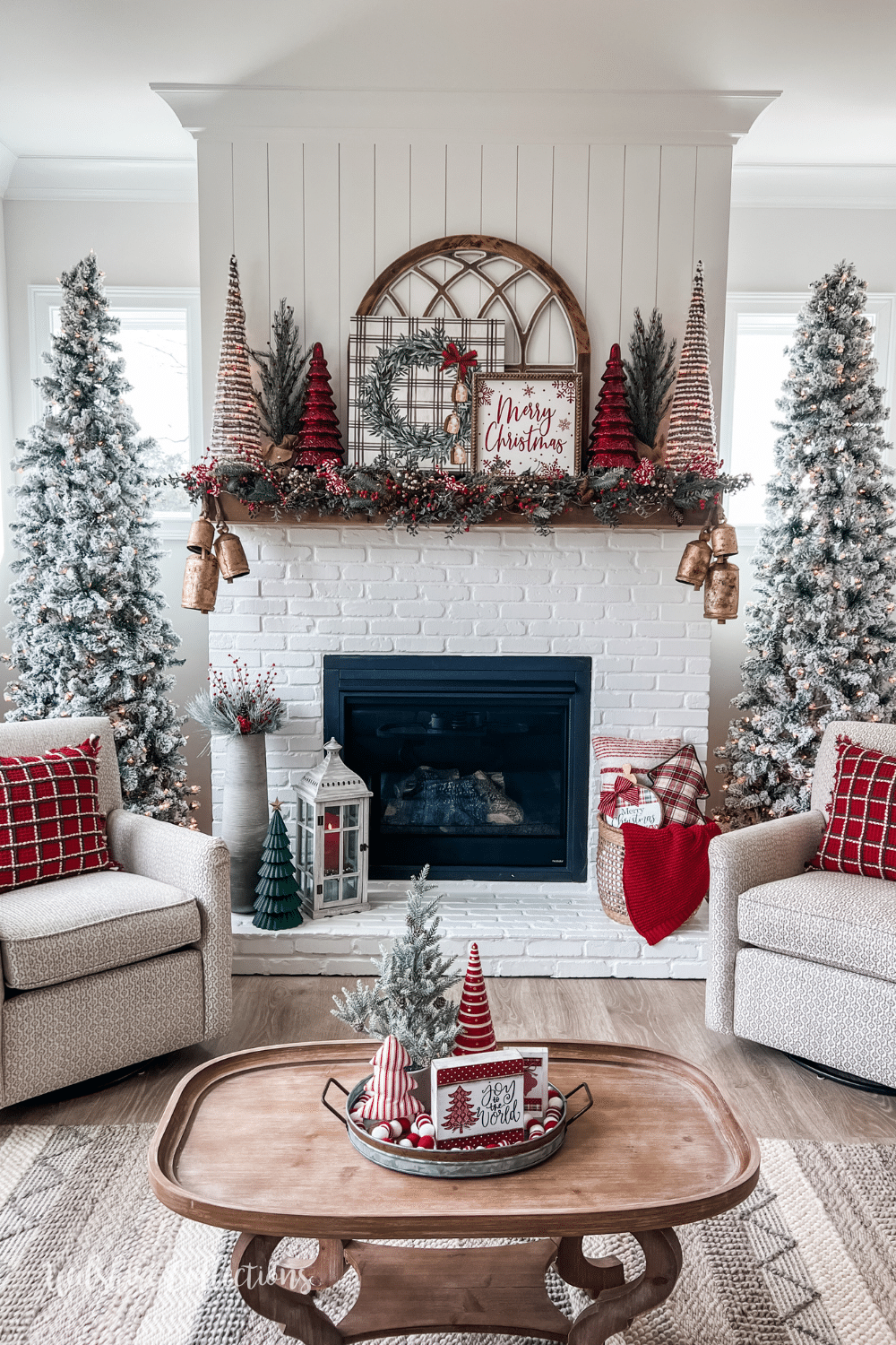 Traditional Fireplace Mantle with Flocked Trees and Plaid Accents — Cozy Christmas Decor