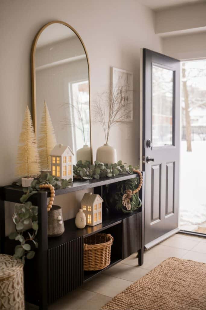 Modern Farmhouse Console with Bottlebrush Trees Modern Farmhouse Console with Bottlebrush Trees — Christmas Entryway Decor