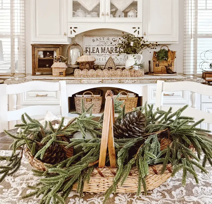 Wicker Basket Overflowing with Greenery and Pinecones — Rustic Christmas Decor