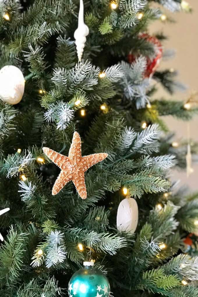 Close-Up of Starfish and Shell Coastal Tree Ornaments — Coastal Christmas Tree