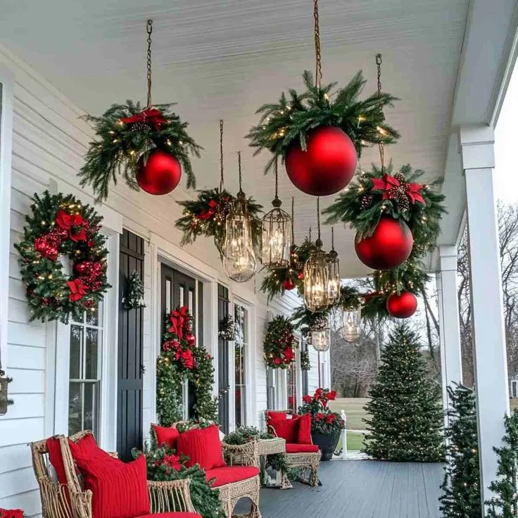 Modern Farmhouse Porch with Oversized Red Ornaments — Christmas House Exterior Decor