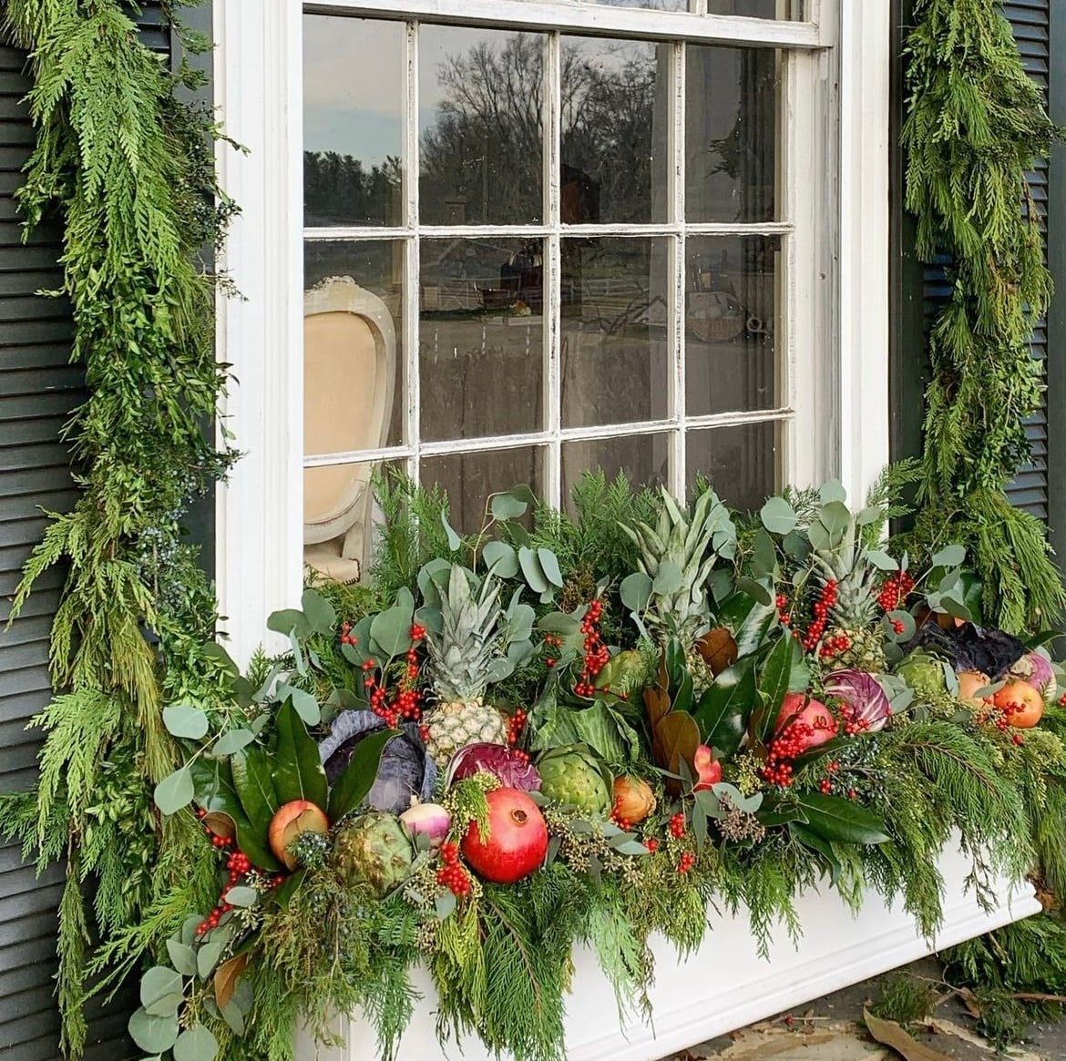 Overflowing Window Box with Fruits, Vegetables, and Evergreen — Christmas Window Decor Outdoor