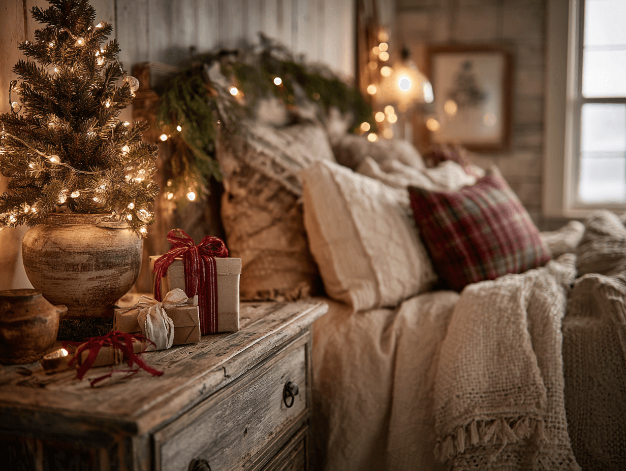 Rustic Christmas Dresser Vignette with Mini Tree and Gifts Rustic Christmas Dresser Vignette with Mini Tree and Gifts — Christmas Bedroom Decor