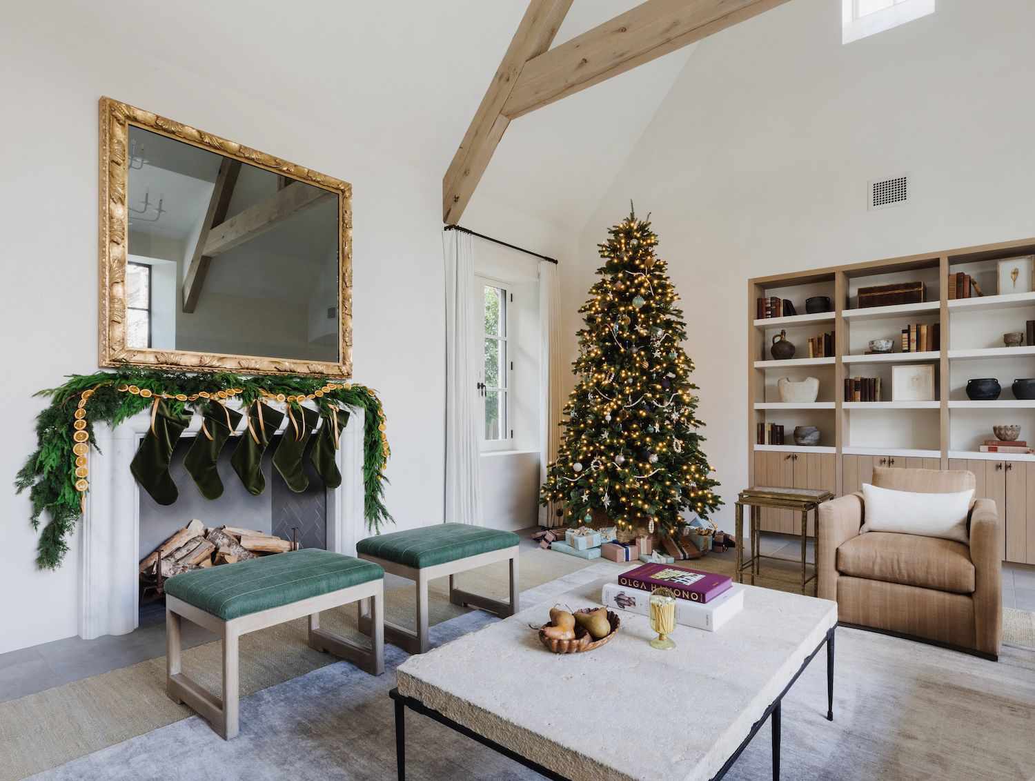 Modern Farmhouse with Fireplace and Built-ins — Elegant Christmas Tree