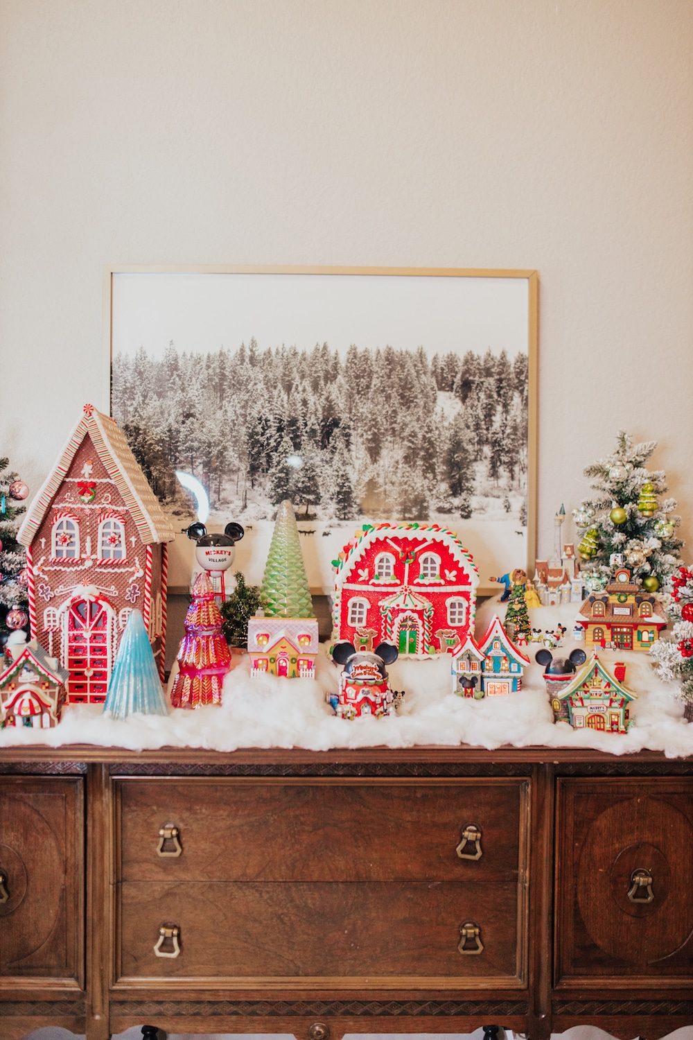 Whimsical and Colorful Village on a Buffet Table — Christmas Village Display