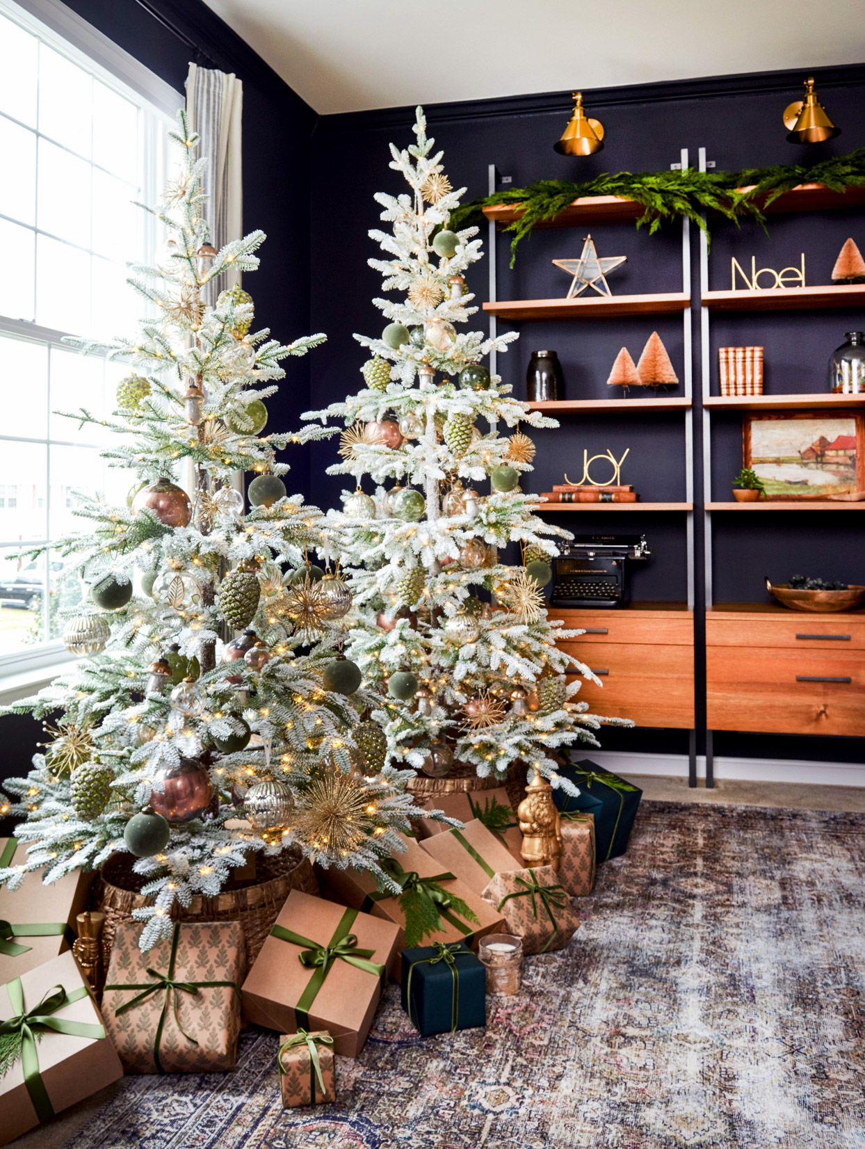 Modern Festive Living Room with Frosted Christmas Trees Modern Festive Living Room with Frosted Christmas Trees — White Christmas Decor