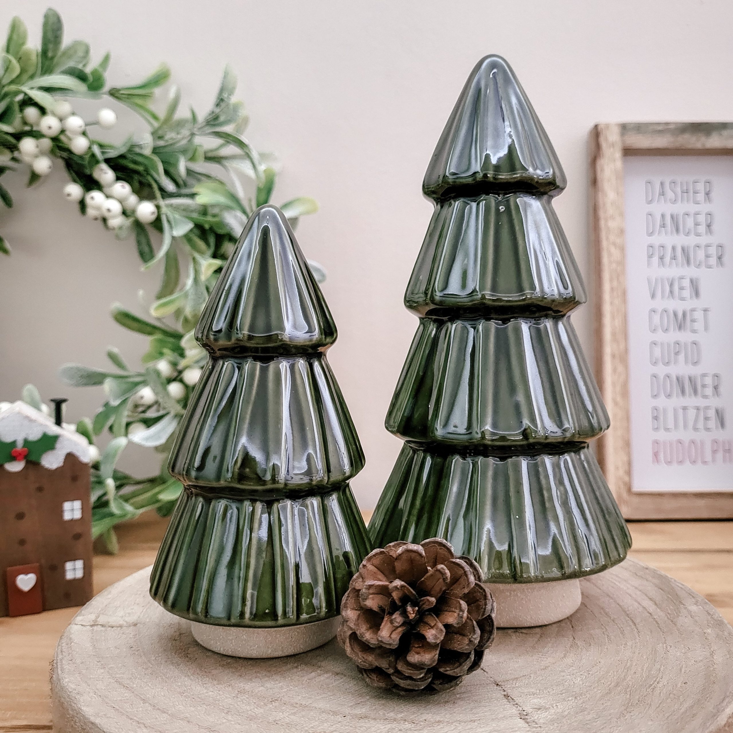 Rustic Sage Green Ceramic Christmas Trees Vignette — Sage Green Christmas Decor