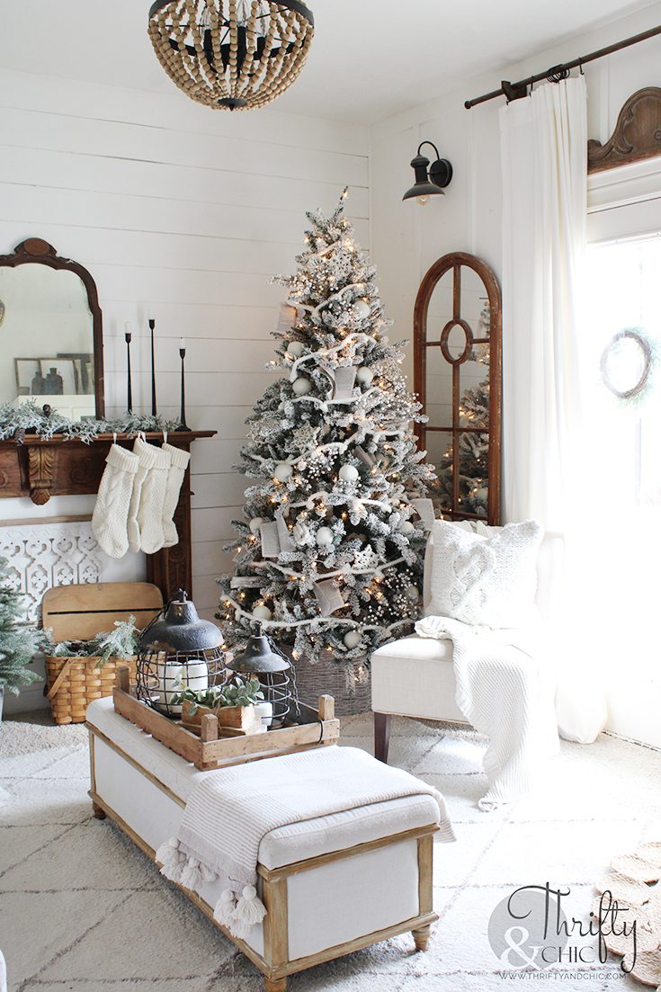 Heavily Flocked Christmas Tree in a White and Cream Farmhouse Room — Farmhouse Christmas Tree