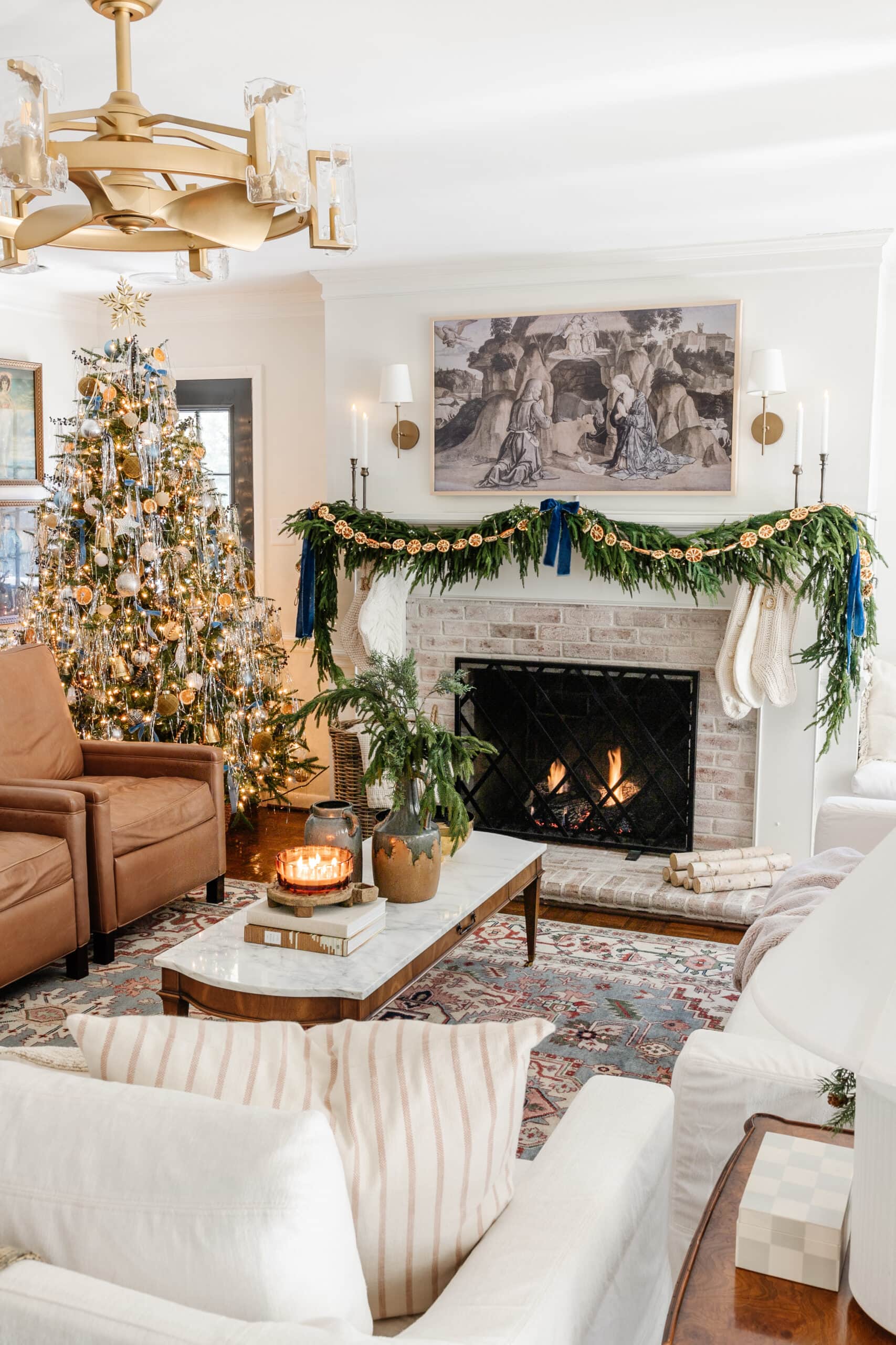 Ornate Christmas Tree with Blue and Gold Accents Ornate Christmas Tree with Blue and Gold Accents — Cozy Christmas Living Room