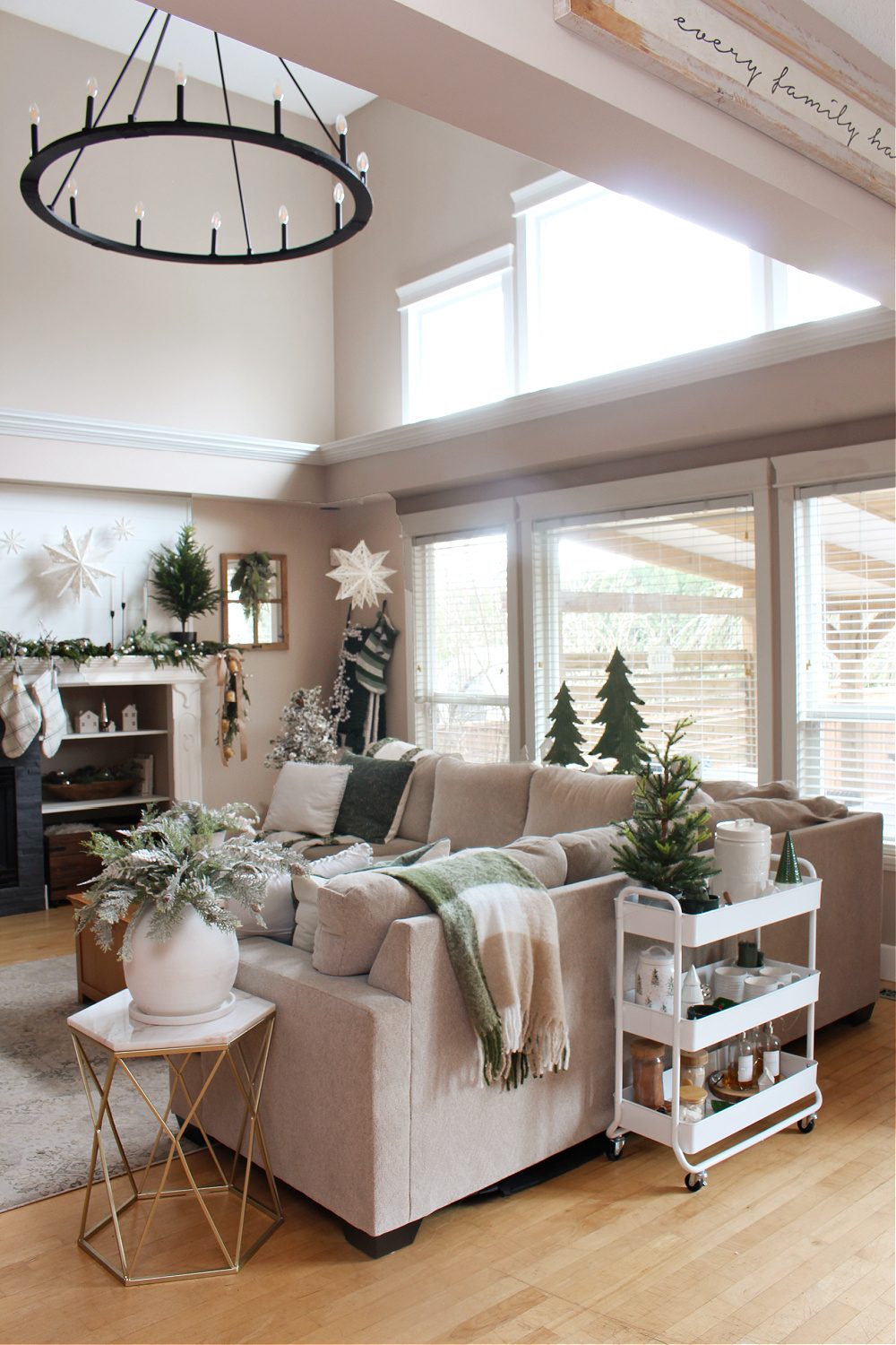 Open-Plan Modern Farmhouse Living Room with Subtle Green and White Accents — Christmas Living Room Decor