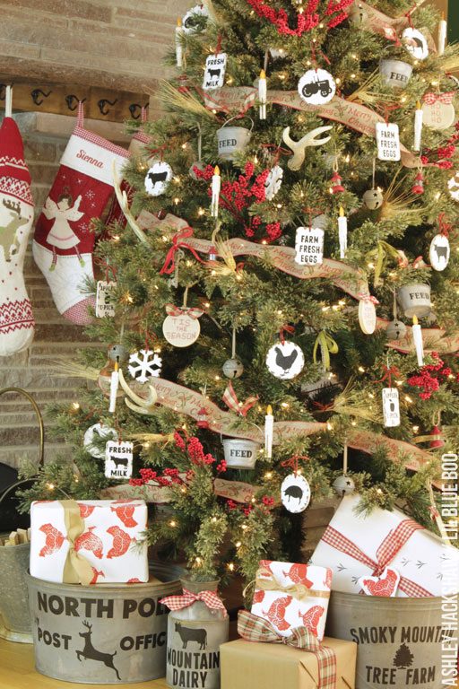 Farmhouse Tree with Farm Animal Ornaments and Vintage Tins — Rustic Christmas Tree
