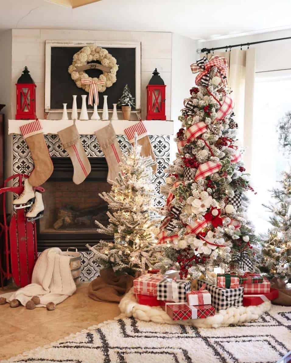 Living Room Cozy Farmhouse Fireplace with Flocked Trees and Plaid Gifts Living Room Cozy Farmhouse Fireplace with Flocked Trees and Plaid Gifts — Farmhouse Christmas Decor