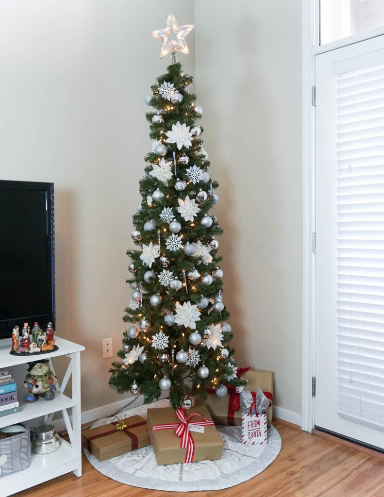 Slim Tree with Silver and White Ornaments — Christmas Apartment Decor