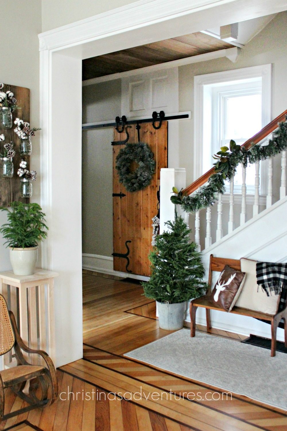 Farmhouse Entryway with Mini Tree, Garland, and Wreath — Winter Decor After Christmas