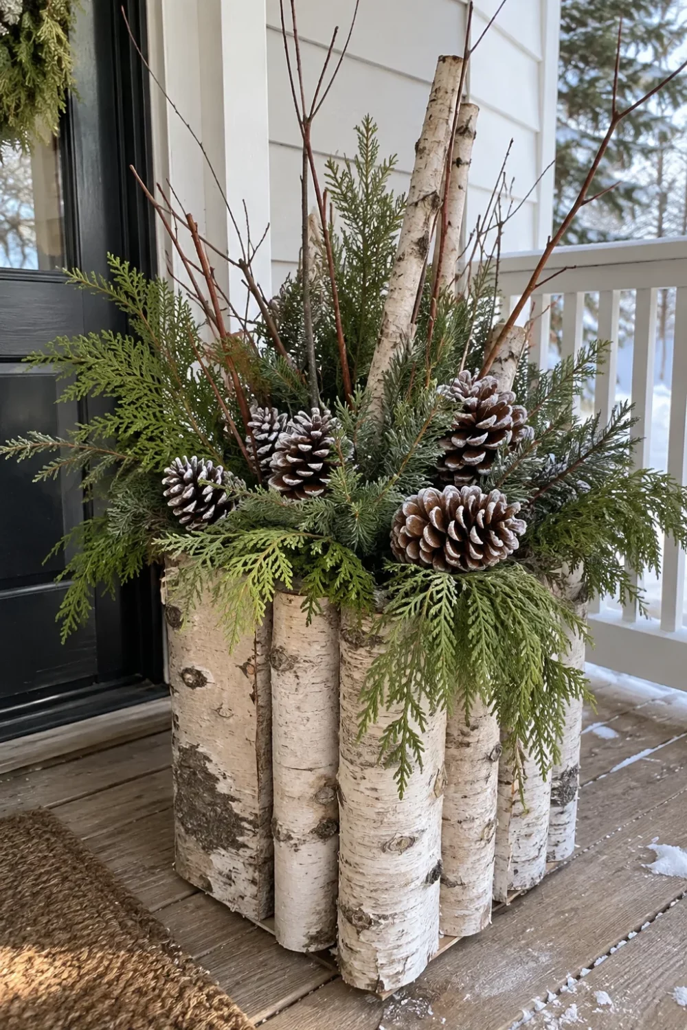 Rustic Birch Log Planter with Pinecones and Twigs Rustic Birch Log Planter with Pinecones and Twigs — Christmas Porch Planters