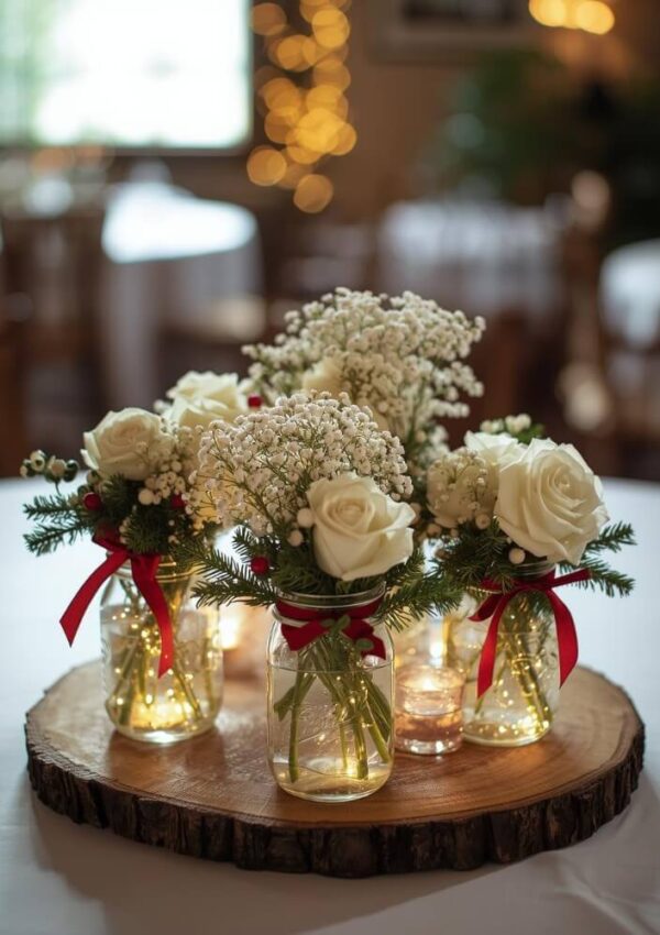 Mason Jar Centerpieces with Fairy Lights and White Roses Mason Jar Centerpieces with Fairy Lights and White Roses — Christmas Wedding Centerpiece