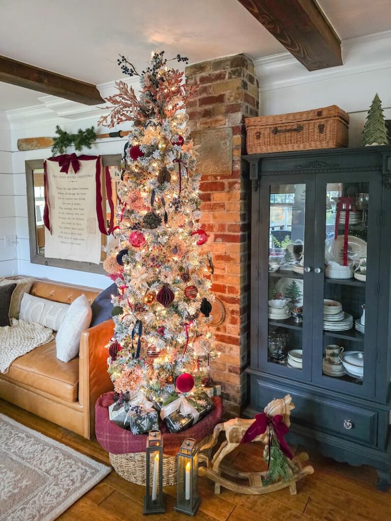 Tall Farmhouse Tree with Red and Gold Ornaments — Rustic Christmas Tree