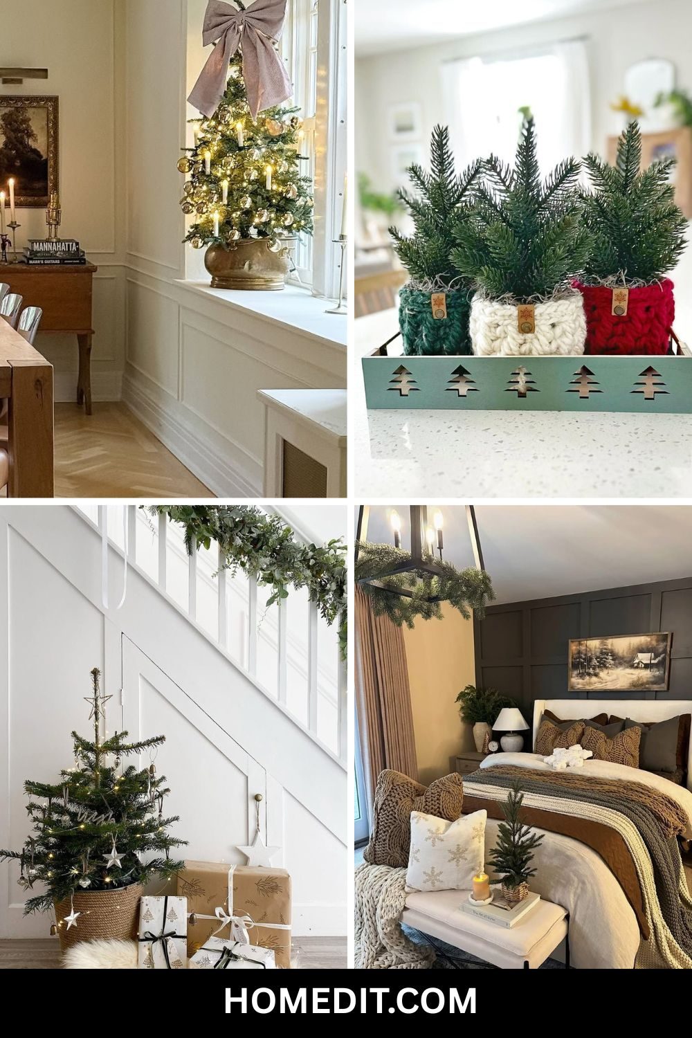 Grouped Mini Trees in Knitted Pots within a Wooden Crate — Small Christmas Tree Decor