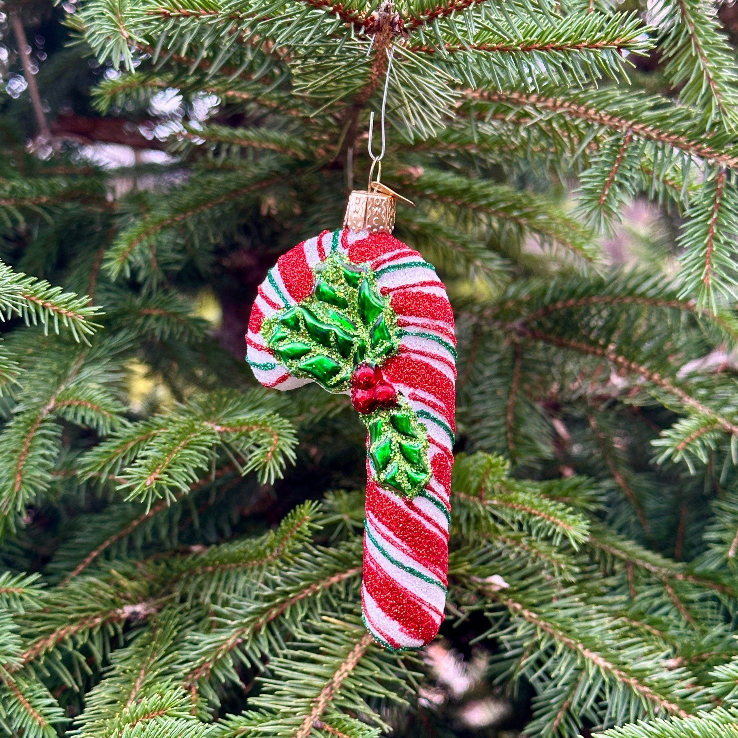 Glittery Candy Cane Ornament with Holly and Berries — Candy Cane Christmas Decor