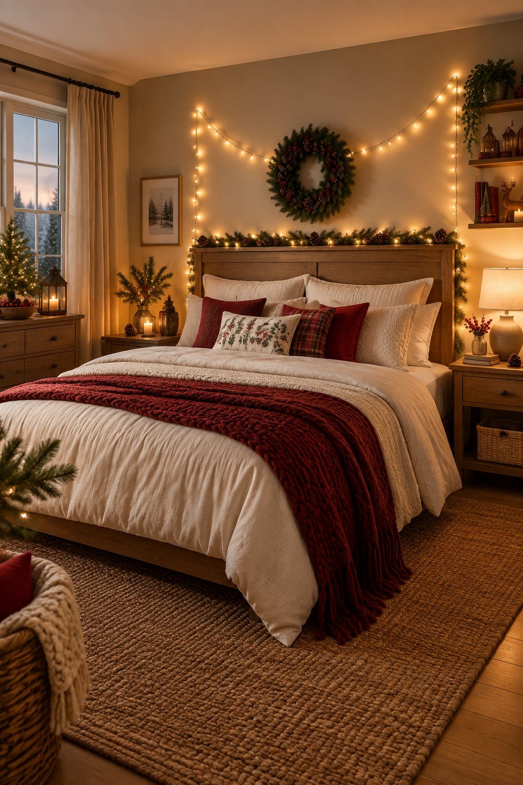 Rustic Christmas Bedroom with Wooden Headboard and Fairy Lights — Christmas Fairy Lights Headboard
