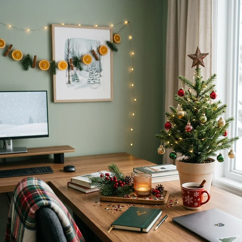 Modern Scandi Desk with Mini Christmas Tree and Plaid Modern Scandi Desk with Mini Christmas Tree and Plaid — Christmas Home Office Decor