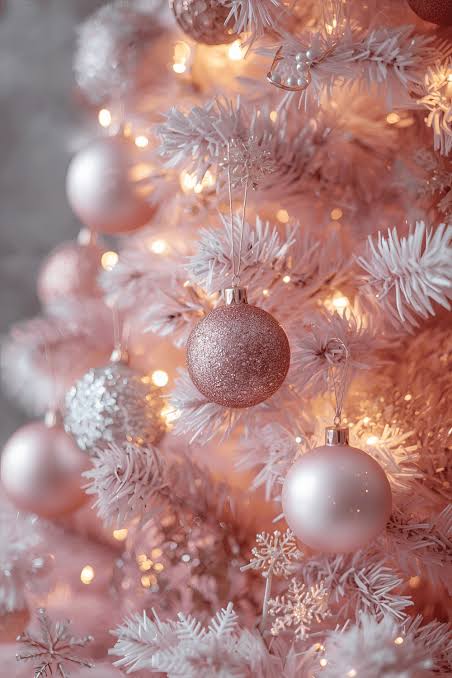 Dreamy Close-Up of a Pink Flocked Christmas Tree with Pastel Ornaments and Snowflakes Dreamy Close-Up of a Pink Flocked Christmas Tree with Pastel Ornaments and Snowflakes — Pink Christmas Decor