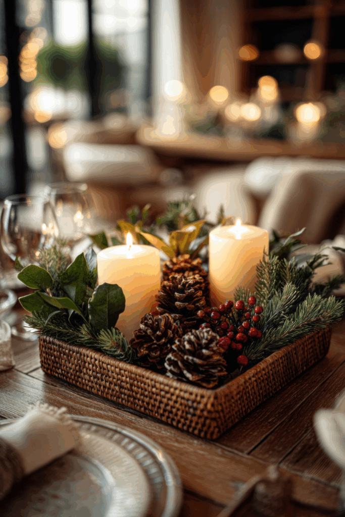 Wicker Basket Centerpiece with Pine, Berries, and Cream Candles Wicker Basket Centerpiece with Pine, Berries, and Cream Candles — Christmas Wedding Centerpiece