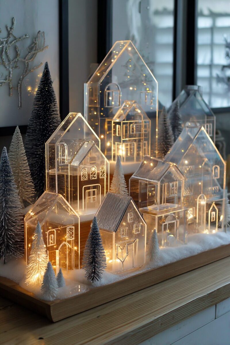 Geometric Acrylic Houses with Warm LED Illumination — Christmas Village Display