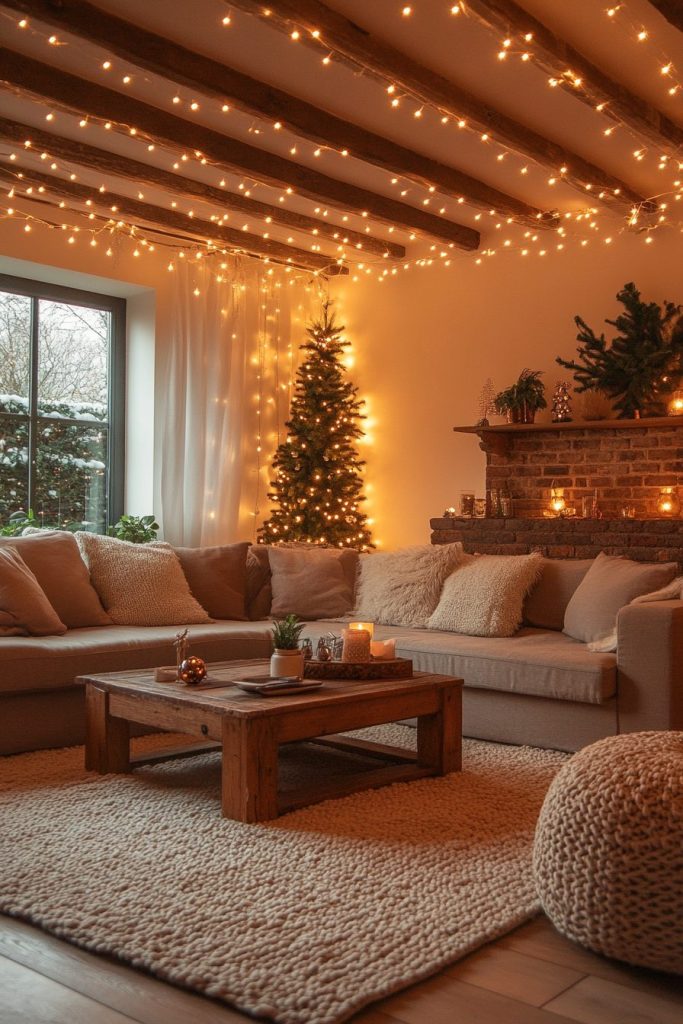 Abundant Fairy Lights on Ceiling and Mantelpiece — Christmas Fairy Lights Living Room