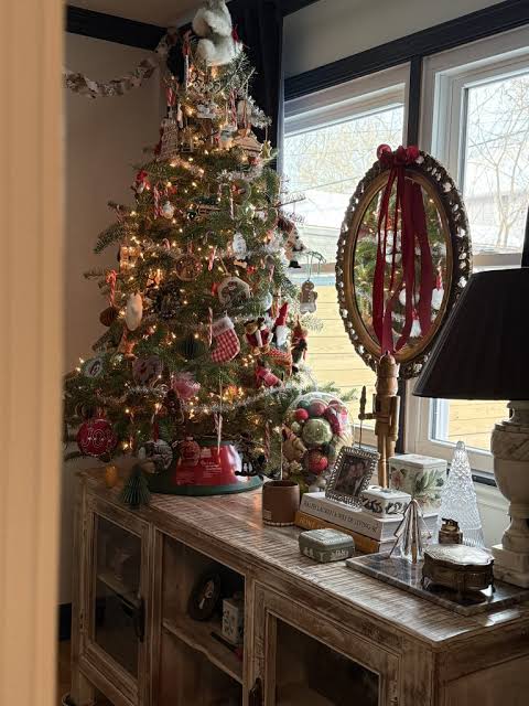 Vintage Christmas Tree on Antique Dresser with Oval Mirror