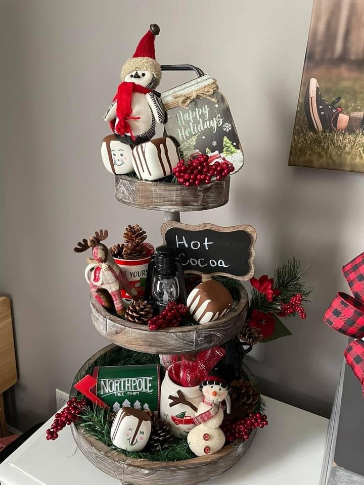 Wood Grey Red White Black Visual Idea — Christmas Tiered Tray
