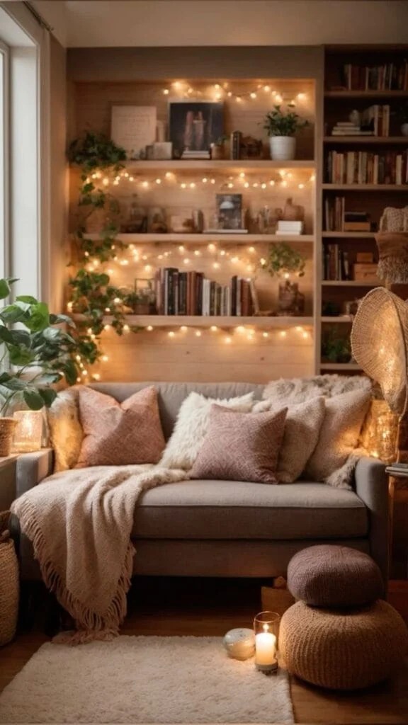 Boho Bookshelf Delight with Draping Fairy Lights — Christmas Fairy Lights Living Room