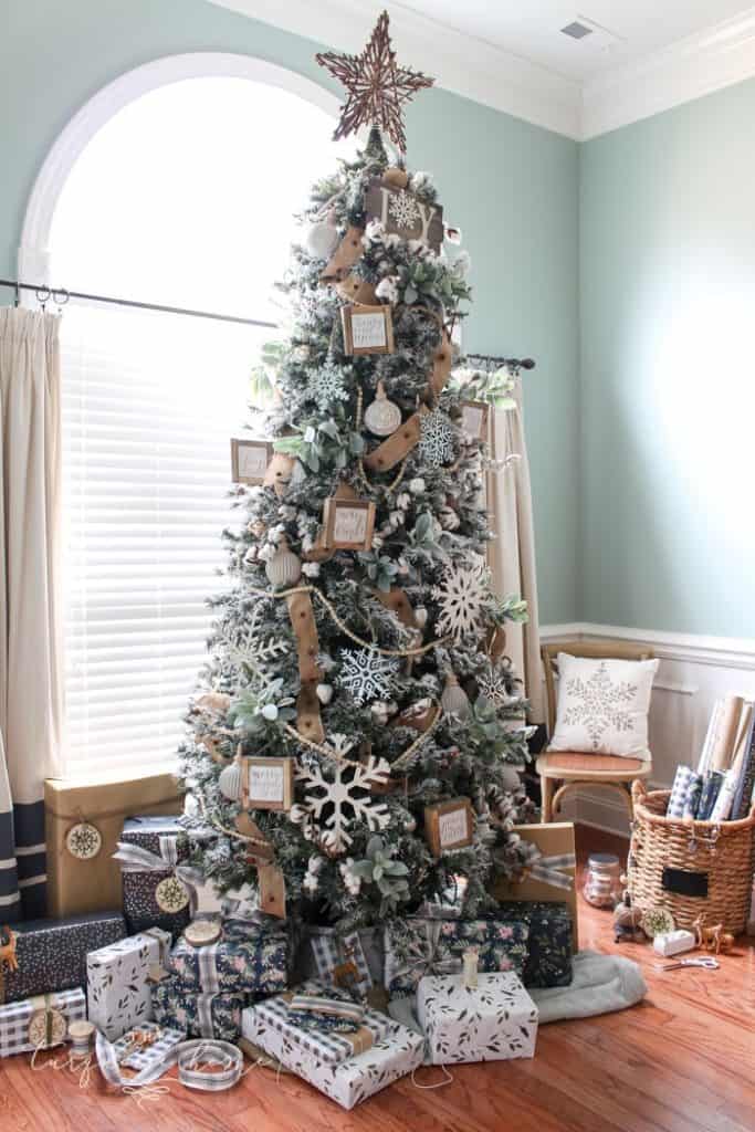 Generously Flocked Tree with Patterned Gift Boxes — Farmhouse Christmas Tree