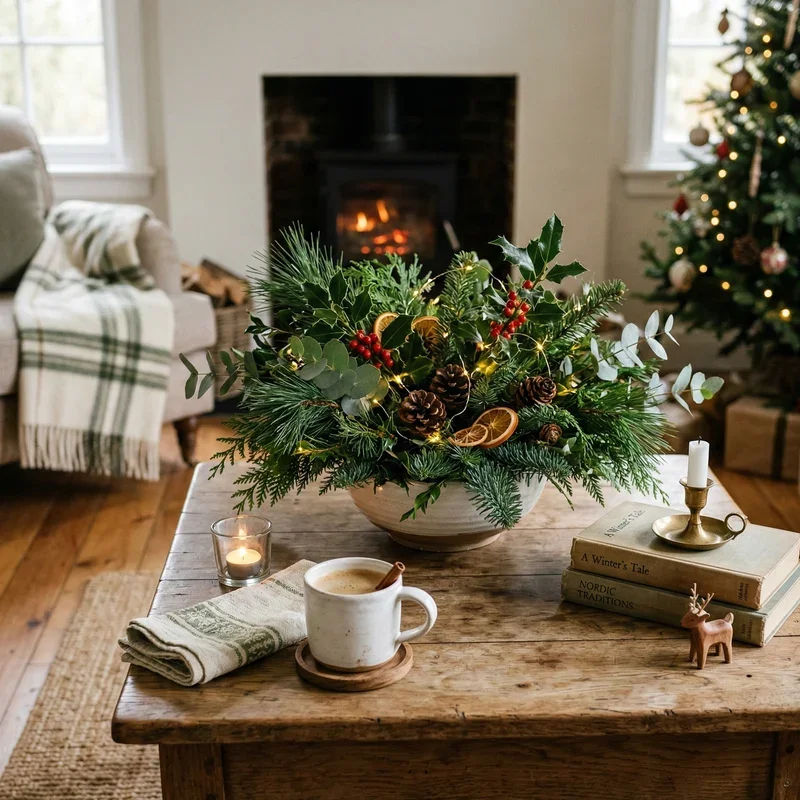 Rustic Cozy Coffee Table Centerpiece with Fairy Lights Rustic Cozy Coffee Table Centerpiece with Fairy Lights — Christmas Coffee Table Decor