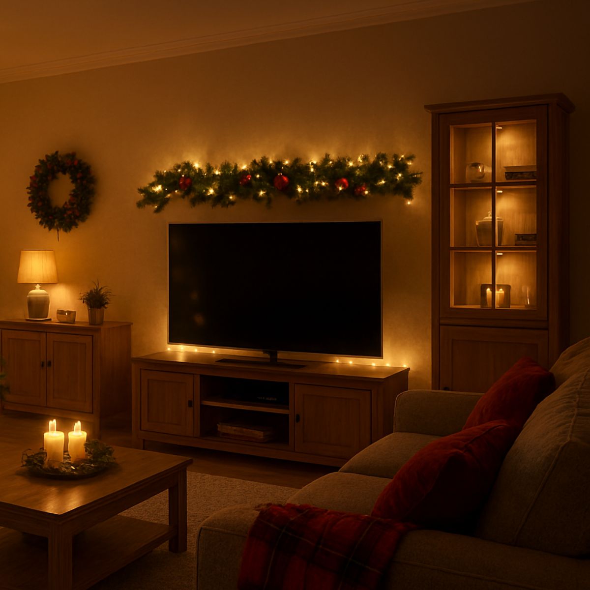 Garland Above TV with Subtle Fairy Lights — Christmas Fairy Lights Living Room