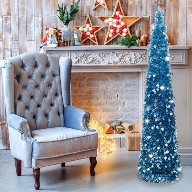 Blue Tinsel Tree Next to a Tufted Armchair — Small Christmas Tree Decor