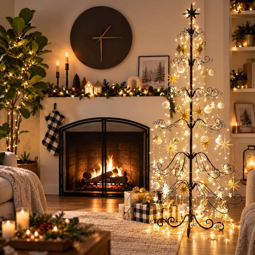 Tall Black Metal Ornament Tree Stand with Star Topper and Gold Ornaments Tall Black Metal Ornament Tree Stand with Star Topper and Gold Ornaments — Ornament Christmas Tree