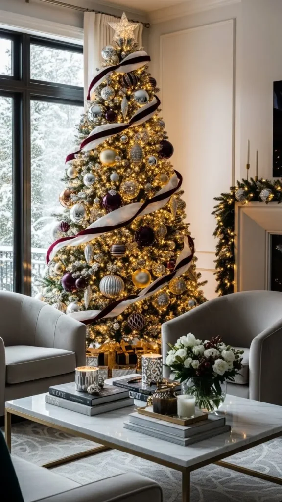 Modern Luxury Christmas Tree with Burgundy Ribbon Modern Luxury Christmas Tree with Burgundy Ribbon — Glam Christmas Tree