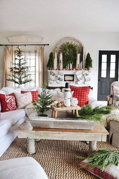 Farmhouse Living Room with a Festive Red and White Mantel Display — Christmas Living Room Decor