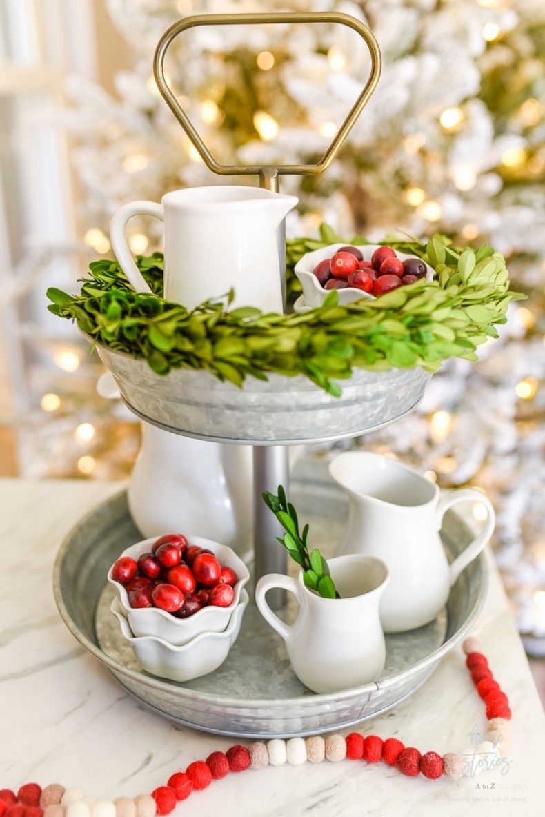 Elegant Galvanized Metal Tray with White Pitchers and Cranberries — Christmas Tiered Tray