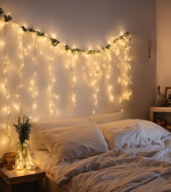 Modern Bedroom with Ivy and Fairy Lights Above Headboard — Christmas Fairy Lights Headboard
