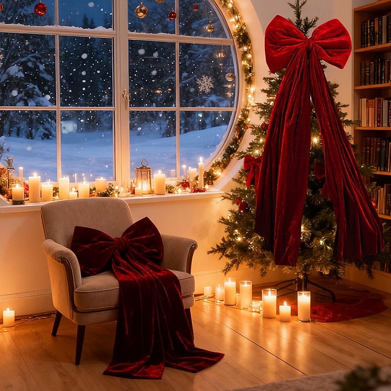Dramatic Burgundy Velvet Bow in a Snowy Evening Setting — Bow Christmas Tree Topper