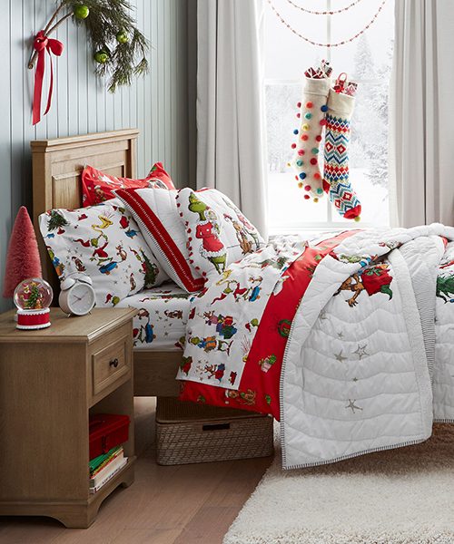 The Grinch Themed Bedding and Festive Stockings — Kids Bedroom Christmas Decor