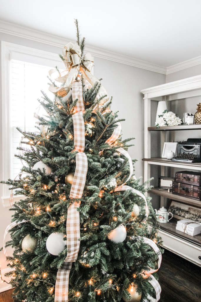 Textured Burlap and Gold Ribbon on Christmas Tree Branches — Farmhouse Christmas Tree