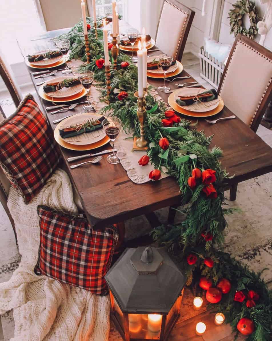 Farmhouse Dining Room with Evergreen Garland and Plaid Accents — Christmas Table Setting