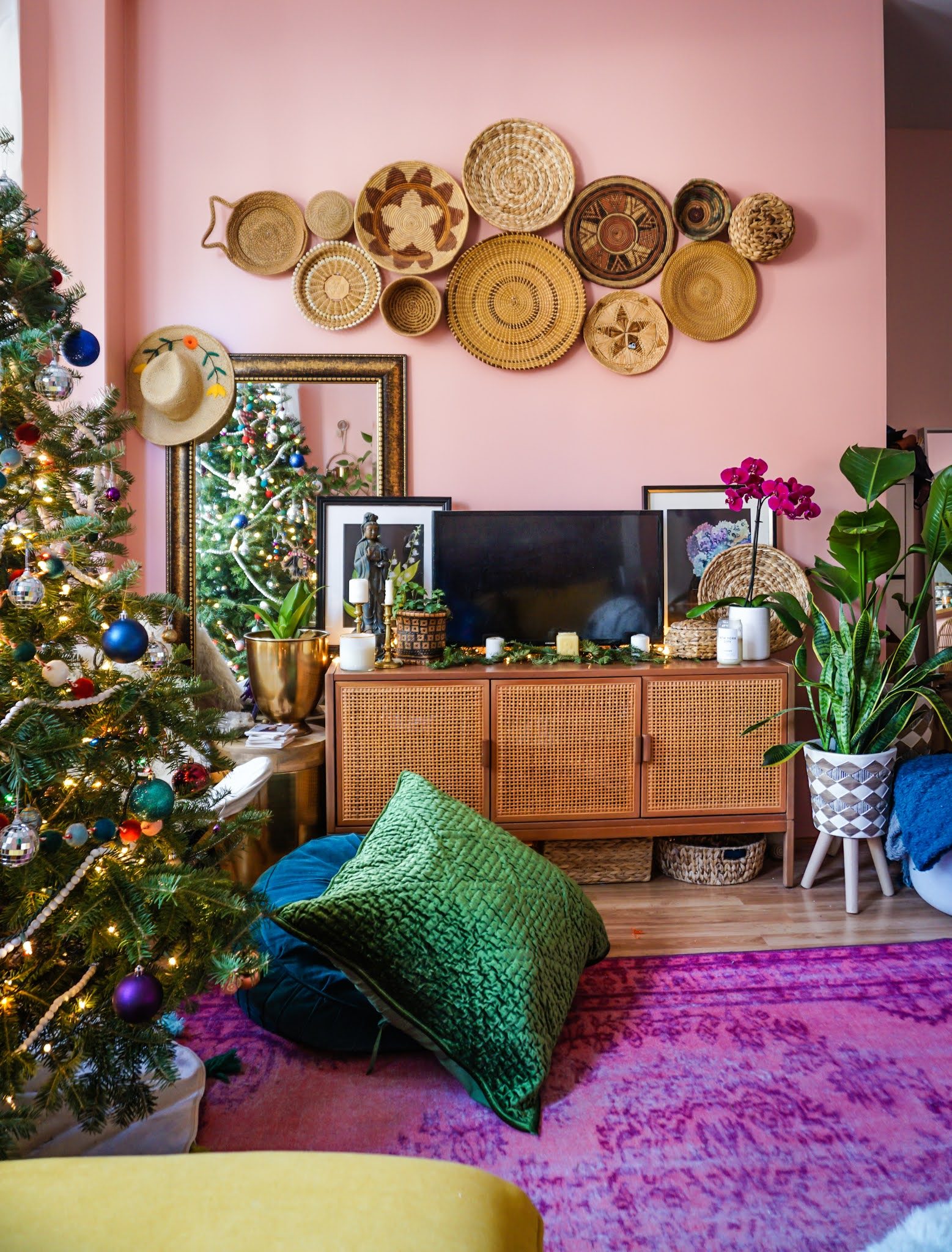 Maximalist Boho Living Room with Colorful Christmas Tree and Wall Art — Boho Christmas Decor
