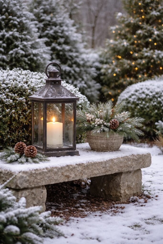 Rustic Garden Vignette with Lantern and Pine Arrangement on Bench Rustic Garden Vignette with Lantern and Pine Arrangement on Bench — Christmas Yard Decor