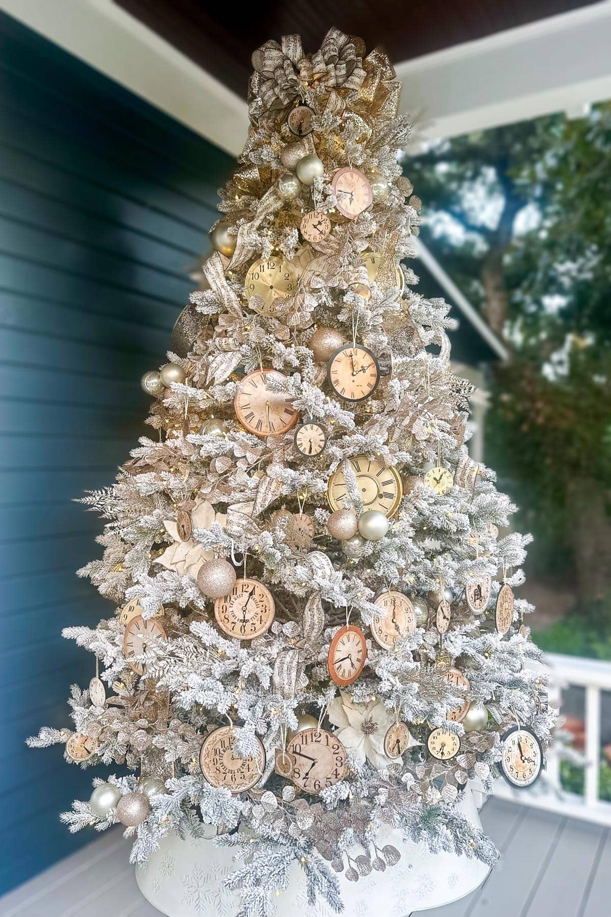 Flocked Outdoor Tree with Unique Clock Face Ornaments — Vintage Christmas Ornaments